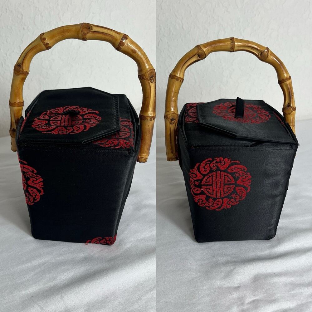 Tozai Home Asian Silk Boxy Takeout Handbag Purse Bamboo Handle, black & red